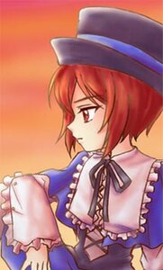 Rating: Safe Score: 0 Tags: 1girl frills hat image long_sleeves profile red_eyes red_hair short_hair simple_background solo souseiseki upper_body User: admin