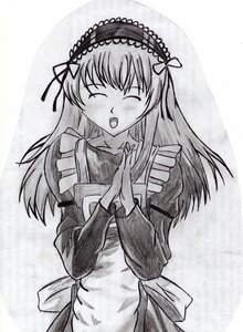 Rating: Safe Score: 0 Tags: 1girl apron blush closed_eyes dress frills greyscale hairband image long_hair long_sleeves monochrome open_mouth own_hands_together solo suigintou User: admin