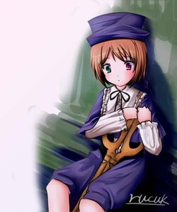 Rating: Safe Score: 0 Tags: 1girl bangs blue_dress blush brown_hair dress green_eyes hat heterochromia image long_sleeves looking_at_viewer red_eyes short_hair sitting solo souseiseki User: admin