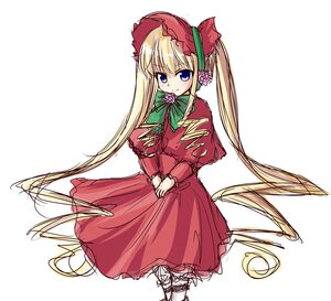 Rating: Safe Score: 0 Tags: 1girl blonde_hair blue_eyes bonnet bow bowtie capelet dress green_bow green_neckwear image long_hair long_sleeves looking_at_viewer red_dress shinku sidelocks simple_background solo standing twintails very_long_hair white_background User: admin