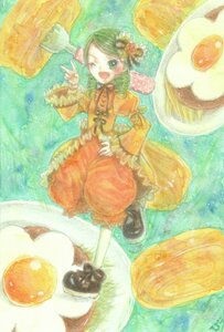 Rating: Safe Score: 0 Tags: 1girl dress flower food green_eyes green_hair hair_ornament image kanaria long_sleeves one_eye_closed open_mouth orange_dress pantyhose smile solo standing traditional_media twintails User: admin