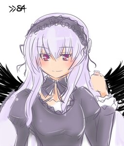 Rating: Safe Score: 0 Tags: 1girl black_dress black_wings blush dress eyebrows_visible_through_hair feathered_wings frills hairband image long_hair long_sleeves looking_at_viewer pink_eyes simple_background smile solo suigintou upper_body white_background wings User: admin