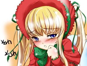 Rating: Safe Score: 0 Tags: 1girl bangs blonde_hair blue_eyes blush bonnet bow bowtie dress frills green_bow green_neckwear hat image long_hair long_sleeves looking_at_viewer shinku sidelocks simple_background solo upper_body white_background User: admin