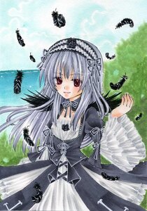 Rating: Safe Score: 0 Tags: 1girl black_ribbon blue_butterfly bug butterfly detached_collar dress flower frills hairband image insect long_hair long_sleeves looking_at_viewer marker_(medium) red_eyes rose silver_hair solo suigintou traditional_media wings User: admin