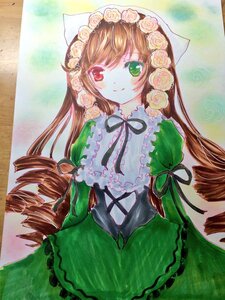 Rating: Safe Score: 0 Tags: 1girl black_ribbon brown_hair dress drill_hair flower frills green_dress green_eyes heterochromia image long_hair long_sleeves looking_at_viewer marker_(medium) pink_flower pink_rose red_eyes ribbon rose smile solo suiseiseki traditional_media twin_drills very_long_hair watercolor_(medium) User: admin