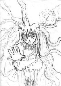 Rating: Safe Score: 0 Tags: 1girl boots dress frills greyscale hair_ornament image kirakishou long_hair monochrome open_mouth outstretched_hand sketch solo twintails very_long_hair User: admin