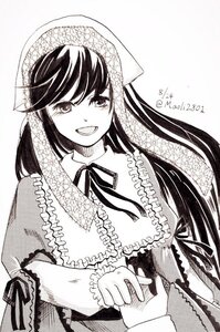 Rating: Safe Score: 0 Tags: 1girl blush bonnet dated frills greyscale head_scarf holding_hands image long_hair long_sleeves looking_at_viewer monochrome open_mouth ribbon smile solo suiseiseki twitter_username upper_body User: admin
