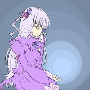 Rating: Safe Score: 0 Tags: 1girl barasuishou dress flower frills image long_hair long_sleeves purple_flower rose silver_hair simple_background solo very_long_hair yellow_eyes User: admin