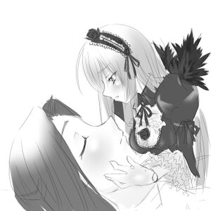 Rating: Safe Score: 0 Tags: 1girl blush breasts cleavage closed_eyes dress frills greyscale hairband image long_hair long_sleeves monochrome ribbon solo suigintou upper_body User: admin