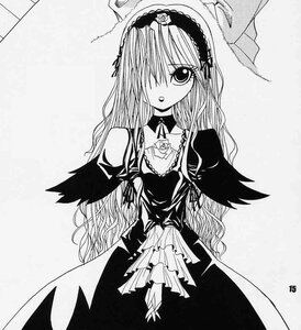 Rating: Safe Score: 0 Tags: 1girl dress flower frills greyscale hairband image lolita_hairband long_hair long_sleeves looking_at_viewer monochrome simple_background solo suigintou traditional_media User: admin