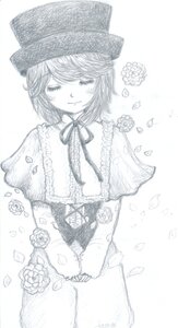 Rating: Safe Score: 0 Tags: 1girl blush capelet closed_eyes flower hat image long_sleeves monochrome petals ribbon rose short_hair smile solo souseiseki traditional_media User: admin