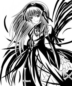 Rating: Safe Score: 0 Tags: 1girl bare_shoulders cowboy_shot dress frills greyscale hairband image lolita_hairband long_hair long_sleeves looking_at_viewer monochrome simple_background smile solo standing suigintou very_long_hair white_background wings User: admin