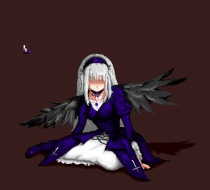 Rating: Safe Score: 0 Tags: 1girl black_wings detached_collar dress frills full_body hairband image long_hair long_sleeves silver_hair simple_background sitting solo suigintou wings User: admin