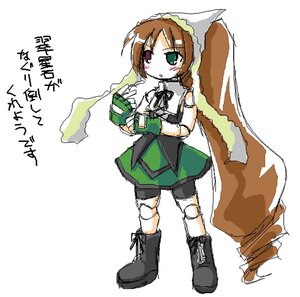 Rating: Safe Score: 0 Tags: 1girl bangs blush boots brown_hair dress full_body green_eyes heterochromia holding image long_hair simple_background solo standing suiseiseki very_long_hair white_background User: admin