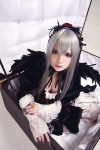 Rating: Safe Score: 0 Tags: 1girl black_nails cleavage closed_mouth crown dress feathers lips long_hair long_sleeves looking_at_viewer nail_polish red_eyes ring silver_hair solo suigintou User: admin