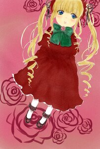 Rating: Safe Score: 0 Tags: 1girl blonde_hair blue_eyes blush bow bowtie dress flower full_body green_bow image long_hair long_sleeves looking_at_viewer pink_background pink_flower pink_rose red_dress red_flower red_rose rose shinku shoes solo twintails User: admin