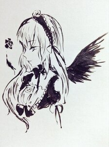 Rating: Safe Score: 0 Tags: 1girl closed_mouth detached_collar dress feathered_wings feathers flower frills hairband image long_hair monochrome profile rose simple_background solo suigintou traditional_media upper_body wings User: admin