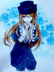 Rating: Safe Score: 0 Tags: 1boy blonde_hair blue_background blue_eyes brown_hair costume_switch finger_to_mouth frills hat image index_finger_raised long_hair long_sleeves one_eye_closed pants shushing smile solo traditional_media watercolor_(medium) User: admin