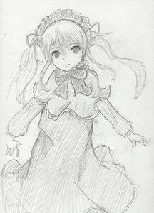 Rating: Safe Score: 0 Tags: 1girl blush bow capelet dress greyscale image long_hair looking_at_viewer monochrome shinku solo traditional_media twintails white_background User: admin