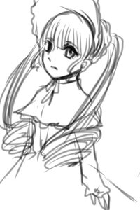 Rating: Safe Score: 0 Tags: 1girl bare_shoulders blurry bonnet choker depth_of_field dress greyscale hat image long_hair looking_at_viewer monochrome shinku simple_background sketch solo striped white_background User: admin