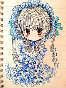 Rating: Safe Score: 0 Tags: 1girl bangs blue_flower blush closed_mouth dress drill_hair eyebrows_visible_through_hair flower full_body image lolita_fashion looking_at_viewer red_eyes ringlets rose shinku simple_background solo traditional_media twin_drills User: admin