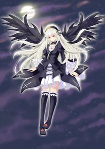 Rating: Safe Score: 0 Tags: 1girl black_legwear boots cloud hairband image long_hair long_sleeves looking_at_viewer moon night night_sky red_eyes silver_hair sky solo star_(sky) starry_sky suigintou thighhighs wings User: admin