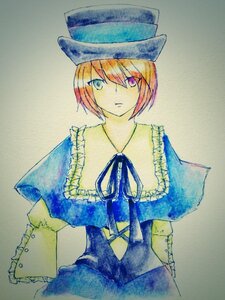 Rating: Safe Score: 0 Tags: 1girl blue_dress blue_eyes capelet dress expressionless hat heterochromia image looking_at_viewer neck_ribbon ribbon short_hair solo souseiseki traditional_media watercolor_(medium) User: admin