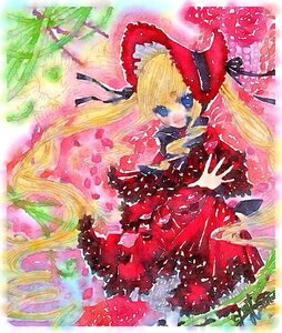 Rating: Safe Score: 0 Tags: 1girl blonde_hair blue_eyes bonnet bow dress drill_hair frills hat image long_hair long_sleeves looking_at_viewer marker_(medium) red_dress shinku solo traditional_media twintails very_long_hair watercolor_(medium) User: admin