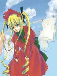 Rating: Safe Score: 0 Tags: 1girl blonde_hair blue_eyes bonnet bow bowtie cloud day dress green_neckwear image long_hair long_sleeves outdoors red_dress shinku sky solo User: admin