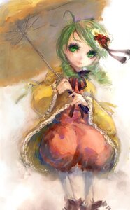 Rating: Safe Score: 0 Tags: 1girl dress flower frills green_eyes green_hair hair_ornament holding_umbrella image kanaria long_sleeves parasol short_hair solo umbrella User: admin