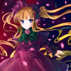 Rating: Safe Score: 0 Tags: 1girl blonde_hair blue_eyes bow bowtie cherry_blossoms dress flower green_bow image long_hair long_sleeves petals pink_flower pink_rose red_dress rose rose_petals shinku solo twintails User: admin