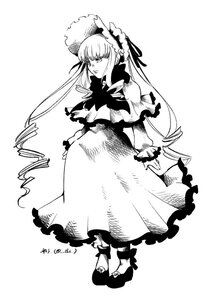 Rating: Safe Score: 0 Tags: 1girl bow dress frills full_body greyscale image long_hair long_sleeves monochrome shinku simple_background solo standing very_long_hair white_background User: admin