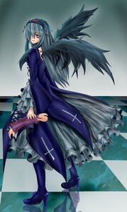 Rating: Safe Score: 0 Tags: 1girl argyle argyle_background argyle_legwear black_wings boots checkered checkered_background checkered_floor dress frills full_body hairband high_heels image lolita_hairband long_hair long_sleeves looking_at_viewer red_eyes silver_hair solo standing suigintou tile_floor tiles wings User: admin