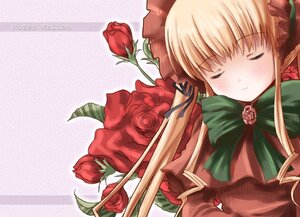 Rating: Safe Score: 0 Tags: 1girl blonde_hair blush bonnet bow bowtie closed_eyes dress flower green_bow image long_hair long_sleeves pink_background pink_rose red_flower red_rose rose shinku solo User: admin