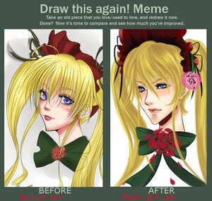 Rating: Safe Score: 0 Tags: 1girl blonde_hair blue_eyes blush bonnet bow bowtie character_name english_text flower green_bow green_neckwear hair_ribbon image long_hair looking_at_viewer multiple_views portrait shinku simple_background solo twintails User: admin