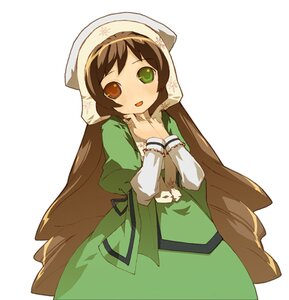 Rating: Safe Score: 0 Tags: 1girl :d blush brown_hair dress green_dress head_scarf heterochromia image long_hair long_sleeves looking_at_viewer open_mouth red_eyes simple_background smile solo suiseiseki very_long_hair white_background User: admin