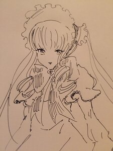 Rating: Safe Score: 0 Tags: 1girl bangs brown_background dress eyebrows_visible_through_hair frills holding image long_hair long_sleeves looking_at_viewer monochrome shinku simple_background solo traditional_media User: admin