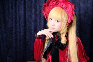 Rating: Safe Score: 0 Tags: 1girl bangs blonde_hair blue_eyes bonnet dress long_hair long_sleeves looking_at_viewer red_dress shinku solo twintails upper_body User: admin