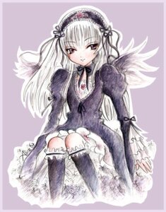 Rating: Safe Score: 0 Tags: 1girl black_wings detached_collar dress frills hairband image kneehighs long_hair long_sleeves looking_at_viewer puffy_sleeves simple_background sitting solo suigintou wings User: admin