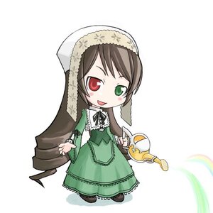 Rating: Safe Score: 0 Tags: 1girl blush brown_hair chibi dress frills full_body green_dress green_eyes head_scarf heterochromia image long_hair long_sleeves looking_at_viewer red_eyes simple_background smile solo standing suiseiseki twin_drills very_long_hair watering_can white_background User: admin