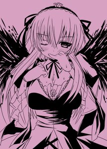 Rating: Safe Score: 0 Tags: 1girl blush breasts cleavage detached_collar dress feathered_wings frills hairband image large_breasts long_hair long_sleeves looking_at_viewer monochrome one_eye_closed solo suigintou wings User: admin