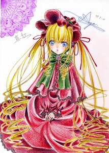 Rating: Safe Score: 0 Tags: 1girl blonde_hair blue_eyes blush bonnet bow bowtie dress flower frills image long_hair long_sleeves looking_at_viewer marker_(medium) red_dress rose shinku signature solo traditional_media twintails very_long_hair white_background User: admin