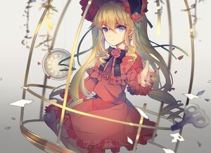 Rating: Safe Score: 0 Tags: 1girl bangs black_ribbon blonde_hair blue_eyes bonnet bow cage clock closed_mouth commentary_request dress eyebrows_visible_through_hair flower frills green_ribbon hat highres image lolita_fashion long_hair long_sleeves looking_at_viewer nail_polish petals photoshop_(medium) red_dress red_flower red_nails red_rose ribbon ringlets rose rozen_maiden shinku solo twintails very_long_hair winding_key xiaohan6th User: admin