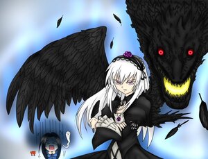 Rating: Safe Score: 0 Tags: 2girls black_wings dress feathers flower frills hairband image long_hair long_sleeves multiple_girls rose shaded_face solo suigintou wings User: admin