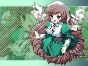 Rating: Safe Score: 0 Tags: 1girl :d brown_hair dress drill_hair frills green_background green_dress green_eyes halftone_background heterochromia image long_hair long_sleeves looking_at_viewer open_mouth polka_dot_background red_eyes smile solo suiseiseki twin_drills twintails very_long_hair watering_can User: admin