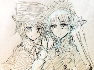 Rating: Safe Score: 0 Tags: 2girls bangs blush capelet closed_mouth eyebrows_visible_through_hair hat holding_hands image long_hair long_sleeves looking_at_viewer monochrome multiple_girls pair ribbon shinku sisters sketch smile souseiseki traditional_media umbrella upper_body User: admin