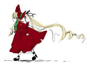 Rating: Safe Score: 0 Tags: 1girl blonde_hair blue_eyes bonnet boots bow dress full_body image long_hair long_sleeves red_capelet red_dress ribbon shinku solo standing twintails very_long_hair white_background User: admin