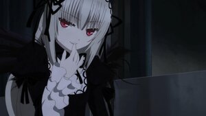Rating: Safe Score: 0 Tags: 1girl bangs black_dress black_ribbon black_wings dress eyebrows_visible_through_hair finger_to_mouth frills hairband image long_hair long_sleeves looking_at_viewer red_eyes ribbon silver_hair smile solo suigintou upper_body wings User: admin