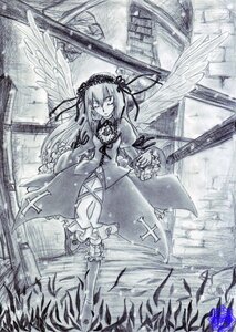 Rating: Safe Score: 0 Tags: 1girl dress feathered_wings flower frills greyscale hairband image long_hair long_sleeves monochrome ribbon rose solo standing suigintou traditional_media very_long_hair wings User: admin