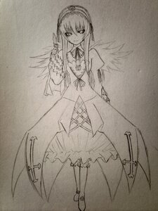 Rating: Safe Score: 0 Tags: 1girl dress frills full_body greyscale hairband image long_hair long_sleeves looking_at_viewer monochrome ribbon simple_background solo standing suigintou traditional_media wings User: admin